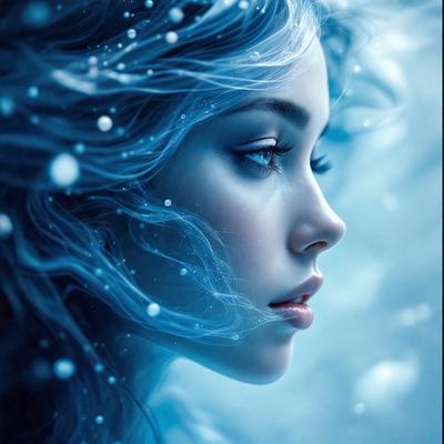 The primary subject of the image is a woman with blonde hair, who is looking at the camera. She is surrounded by a blue and white environment, which adds a sense of depth and color to the scene. The visual style of the image is a digital art or illustration, which gives it a unique and artistic appearance. The woman's expression and the overall atmosphere of the image convey a sense of beauty and tranquility.